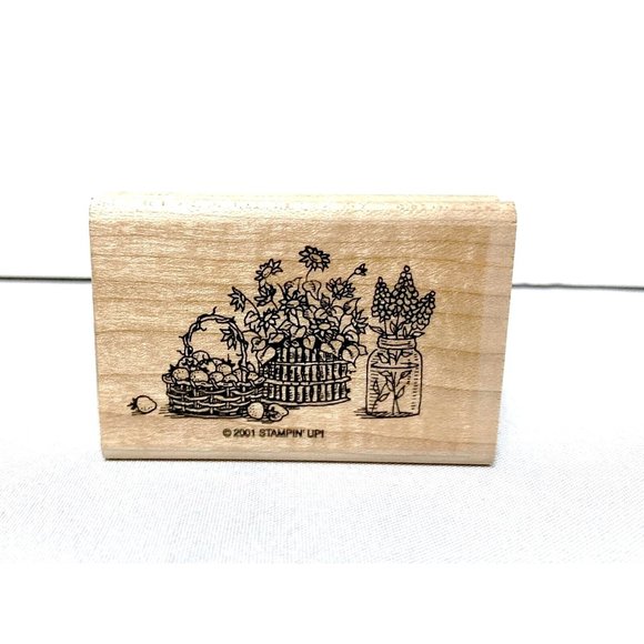Stampin Up Fruit Flowers in Baskets Jar 2001 Wood Mounted Rubber Stamp 3 X 2" - Picture 1 of 5